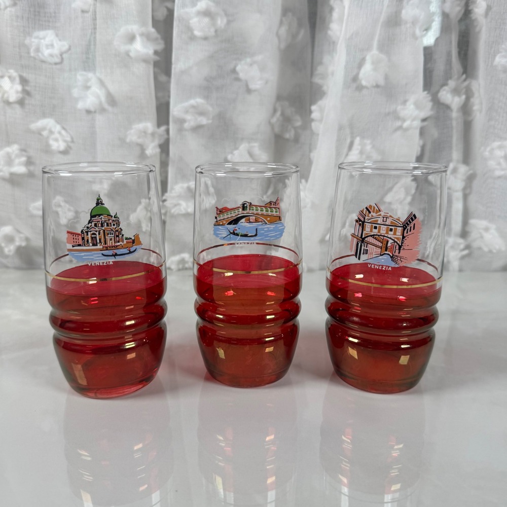 Set of 3 Venezia Souvenir Glasses‎ Venice Italy Tumblers Gold Band Red Flashing